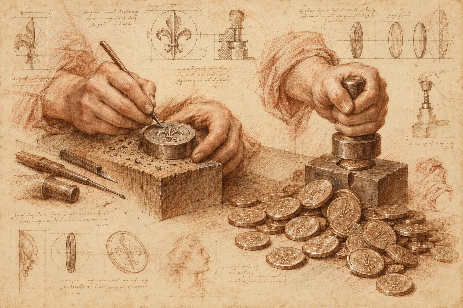 Skitse af to hænder, hvor den ene graverer et liljelogo i et stempel, og den anden præger mønter med det.