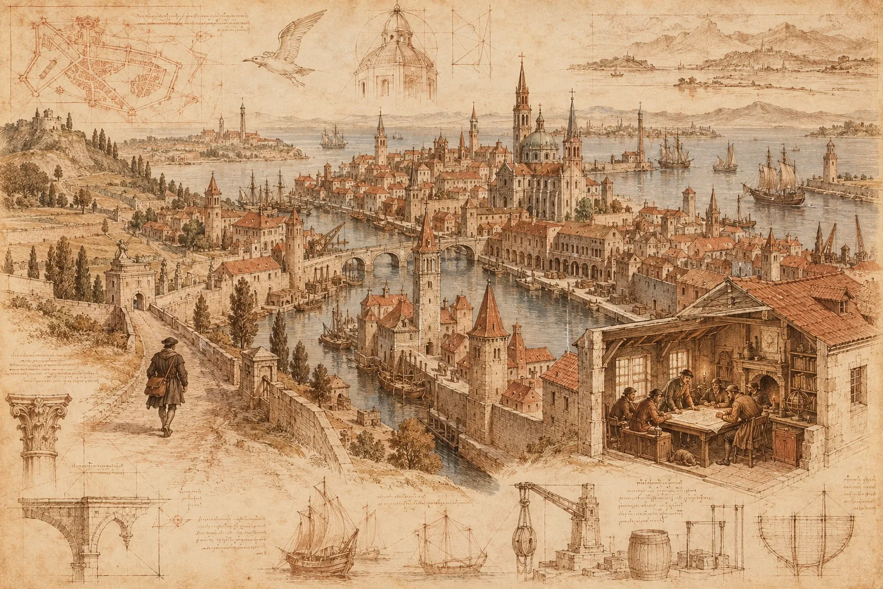 Skitse af en mand med taske på en vej mod en havneby med kanaler, tårne og skibe, og et handelshus i tværsnit, hvor en gruppe studerer et kort.